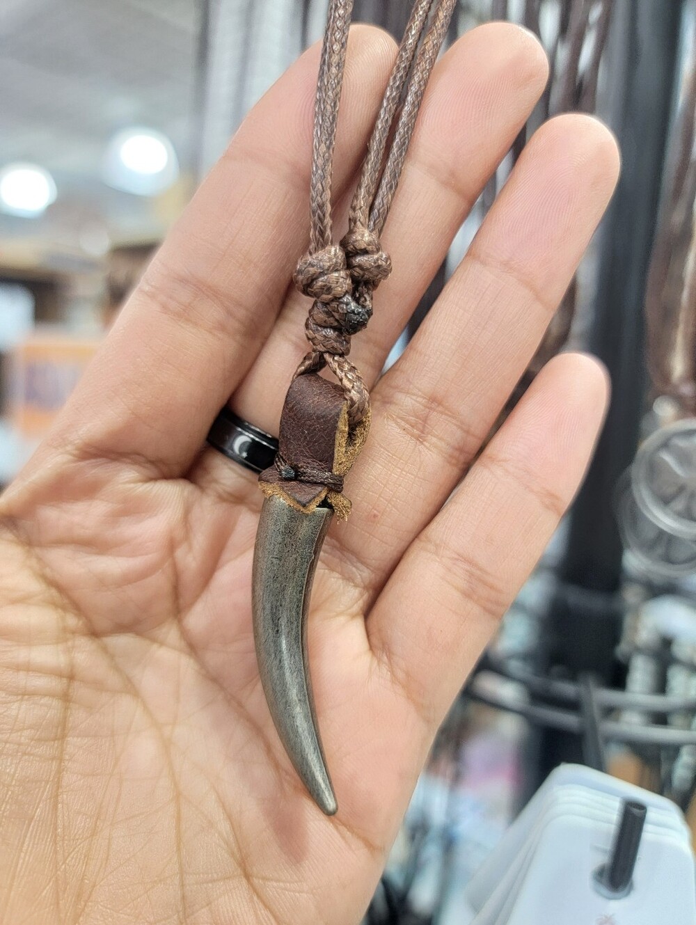 Brown Leather Cord Necklace with Horn Pendant